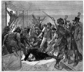 Streik der Bergleute von Decazeville (Aveyron) im Jahr 1886: Ingenieur Watrin wurde von den Streikenden ermordet. Gravur in "Le Monde Illustré", 6. Februar 1886
