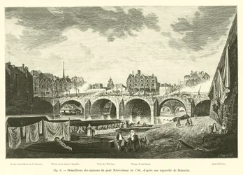 Abriss der Häuser auf der Pont Notre-Dame im Jahr 1786, nach einem Aquarell von Demachy
