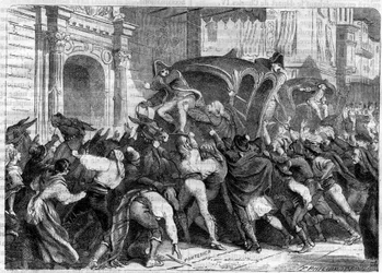 Abreise von König Ferdinand VII nach Bayonne 1808 (Abdankungen von Bayonne) - Abreise zum Interview von Bayonne (1808) - Das Volk in Vittoria in Spanien will die Abreise von Ferdinand VII nach Bayonne verhindern - in „History of the empire following the h