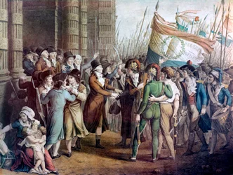 Abgeordnete des Nationalkonvents verlassen die Versammlung in den Tuilerien am 31. Mai 1793 - „Le 31 mai 1793“ - Paris, 31. Mai 1793: die bewaffneten Bürger vor den Girondisten, die die Konvention nach der Niederlage gegen die Montagnards verlassen