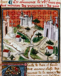 Von den Provinzen und Ländern der Erde. Präsentation des Bandes, der sich auf die Territorien und die Geschichte der Provinzen und Länder bezieht. Miniatur aus 