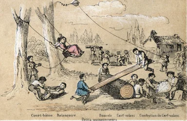 Beschreibung der Freizeitaktivitäten und Spiele von Kindern: Outdoor-Spiele, kurzer Stock, Schaukel, Wippen und Drachensteigen. Tafel „Die Spiele der Kindheit“ in „Les Recreations instructives“, Synoptisches Gemälde von Jules Delbruck
