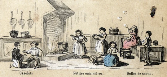 Beschreibung der Freizeit und Spiele von Kindern: Indoor-Spiele, Osselets, kleine Mädchen spielen Köche und Seifenblasen. Tafel „Die Spiele der Kindheit“ in „les Recreations instructives“ Synoptisches Gemälde von Jules Delbruck, Gravur von 1860. Private Sa
