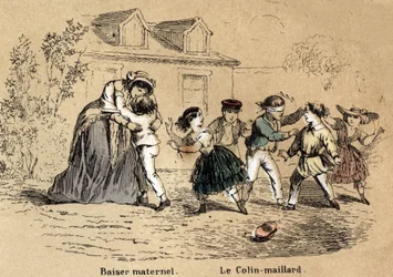 Beschreibung der fünf Sinne: Der Tastsinn, eine Mutter, die ihr Kind für mütterlichen Kontakt umarmt, und das Spiel des Blindekuh. Tafel „Die fünf Sinne“ in „Les Recreations instructives“, Synoptisches Gemälde von Jules Delbruck, Gravur von 1860. Private S