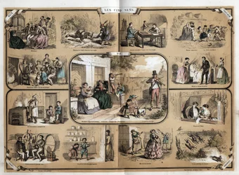 Beschreibung der fünf Sinne: Ansicht, von links nach rechts und von oben nach unten, Hören, Tasten, Riechen und Schmecken. Tafel „Die fünf Sinne“ in „les Recreations instructives“ Synoptisches Gemälde von Jules Delbruck, Gravur von 1860. Private Sammlung