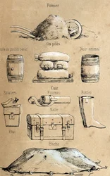 Beschreibung der verschiedenen Produkte und Verwendungen der Kuh: alle Arten von Gegenständen aus der Kuh (Rinderfußöl, Ledergegenstände, Dünger). Tafel „La coache et ses produits“ in „les Recreations instructives“ Synoptisches Gemälde von Jules DELBRUCK, 