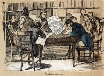 Beschreibung der verschiedenen Produkte und Verwendungen von Papier: Lesen öffentlicher Zeitungen. (Le papier et ses produits)