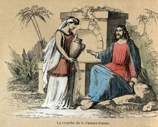 Beschreibung der verschiedenen Herstellungsschritte und Verwendungen von Ton: Jesus und die Samariterin tragen einen Tonkrug in der Bibel. Tafel „Der Ton und seine Produkte“ in „Les Recreations instructives“. Synoptisches Gemälde von Jules Delbruck, Gravur