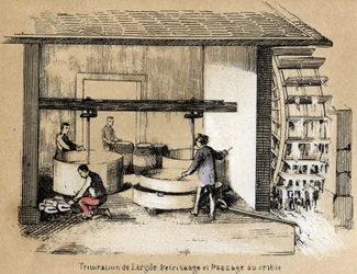 Beschreibung der verschiedenen Herstellungsstufen und Verwendungen von Ton: Zerkleinern, Schälen und Sieben von Ton. Tafel „Der Ton und seine Produkte“ in „Die lehrreichen Erholungen“ Synoptisches Gemälde von Jules Delbruck, Gravur von 1860. Private Sammlu