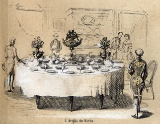 Beschreibung der verschiedenen Herstellungsschritte und Verwendungen von Ton: Verwendung von Ton in reichen Innenräumen, ein Tisch mit Porzellangeschirr. Tafel „Der Ton und seine Produkte“ in „Les Recreations instructives“. Synoptisches Gemälde von Jules D