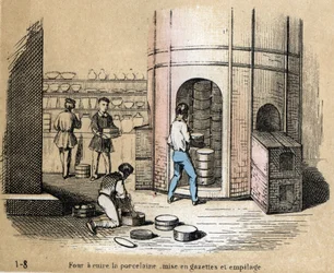 Beschreibung der verschiedenen Herstellungsschritte und Verwendungen von Ton: Ansicht eines Porzellanofens, Glasieren und Stapeln. Tafel „Der Ton und seine Produkte“ in „Les Recreations instructives“. Synoptisches Gemälde von Jules Delbruck, Gravur von 186
