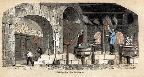 Beschreibung der verschiedenen Herstellungsschritte und Verwendungen von Glas: die Herstellung von Flaschen in einer Glasbläserwerkstatt. Tafel „Das Glas und seine Produkte“ in „Les Recreations instructives“. Synoptisches Gemälde von Jules Delbruck, Gravur