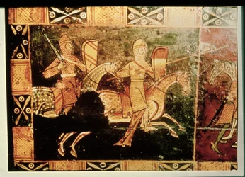 Detail von einer Hochzeitstruhe, die Soldaten im Krieg zeigt (Detail)