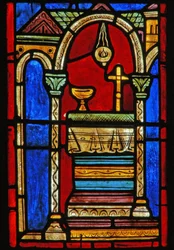 Detail eines Fensters, das Szenen aus dem Leben der Hl. Maria von Ägypten darstellt