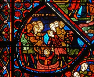 Detail aus einem Fenster mit Szenen aus der Geschichte von Joseph