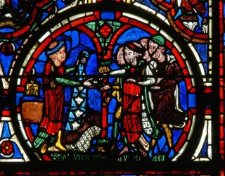 Detail eines Fensters, das die Passion darstellt: Stifter und die Kürschner