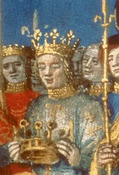 Detail aus Fr 6465, f. 247v: Krönung Ludwigs VIII. (1187-1226) und Blanka von Kastiliens in Reims in Anwesenheit des Königs von Jerusalem (Detail von 38990)