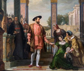 Diane de Poitiers (1499-1566) fleht ihren Vater um Gnade für Franz I. an - Detail von „Diane de Poitiers fleht ihren Vater um Gnade für Franz I. an“ Gemälde von F.A. Bitter - 1828 - Le Mans, Musée de Tesse