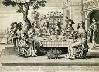 Diners auf einer Terrasse mit einem formalen Garten darunter, graviert von Balthazar Moncornet (ca. 1600-68)