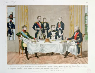 Abendessen in Tilsit zwischen Friedrich Wilhelm III. von Preußen, Zar Alexander I. von Russland und Napoleon, der einen Toast auf die Königin von Preußen ausbringt, 3. Juni 1807