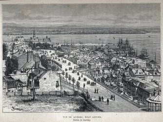Entdecke Kanada: Blick auf die Stadt Quebec Ende des 19. Jahrhunderts. Barclay-Zeichnung. Gravur aus dem Ende des 19. Jahrhunderts in 