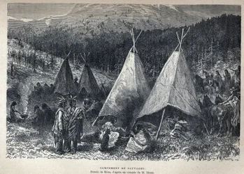 Entdeckung Kanadas: Indianerlager mit Tipis. Zeichnung von Riou nach einer Skizze von Dixon. Gravur aus dem späten 19. Jahrhundert in „La nouvelle France“ von Eugène Guénin