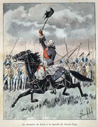 Entdeckung Kanadas: François Gaston, genannt Chevalier de Lévis (1719-1787), ermutigt seine Truppen in der Schlacht von Sainte-Foy am 27. April 1760 gegen England. Gravur aus dem späten 19. Jahrhundert in „La nouvelle France“ von Eugène Guénin