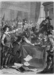 Auflösung des Parlaments durch Oliver Cromwell (1599-1658), britischer Militär und Politiker, der England regierte. Gravur in „History of the Popes (...) Crimes of the Queen King and Emperors through the centuries“ von Maurice Lachatre