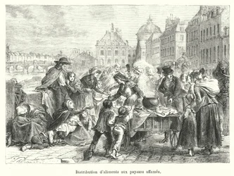 Verteilung von Lebensmitteln an hungernde Bauern
