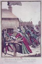 Verteilung des Pain du Roi (Königsbrot) im Louvre während einer Hungersnot (Farbstich)