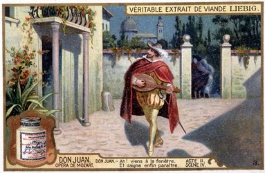 Don Juan im Troubadour: Akt II Szene IV der Mozart-Oper „Don Giovanni“ Liebig Chromolithographie, um 1900