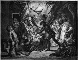 Don Quijote kämpft gegen die Puppen, die er für Mauren hält. Gravur von V. Beauce nach dem Gemälde von Charles Antoine Coypel (1694 - 1752), das den Roman von Cervantes (1547-1616) illustriert. In „Le Magasin picturesque“