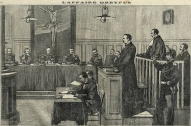Dreyfus-Affäre 1898: Eine Anhörung des Kriegsrats: Der Prozess gegen Kommandant Esterhazy. Gravur in „Le petit parisien“ von 1898.