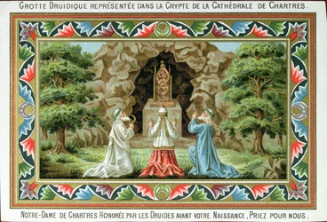 Druiden beten an einer Statue der Madonna und des Kindes an der Stelle der Grotte in Chartres, 1887