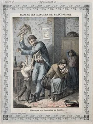 Betrunkener terrorisiert seine Familie, Titelbild eines Schulheftes, ca. 1900