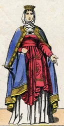 Dynastie der Kapetinger: Porträt von Isabelle von Hennegau (1170-1190) Königin von Frankreich, Ehefrau von Philipp II. genannt Philipp August (1165-1223). Epinal-Bildgebung aus dem späten 19. Jahrhundert. Private Sammlung.