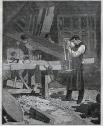 Ebenisterie: Ebenist-Arbeiter spaltet ein Brett am Werkstück. Gravur von 1885 in „Les arts et métiers illustrés“ von Adolphe Bitard.