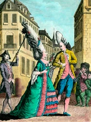 Exzentrische Frisuren im 18. Jahrhundert: die Französin beim Spaziergang. Gravur des 18. Jahrhunderts. Private Sammlung.