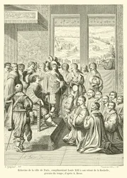 Schöffen der Stadt Paris, die Ludwig XIII bei seiner Rückkehr aus La Rochelle begrüßen, zeitgenössischer Stich; nach A. Bosse