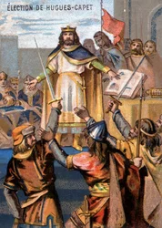 Wahl von Hugues-Capet (987) zum König. Chromolithographie der Serie „Patriotische Erziehung durch Bild“