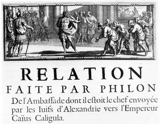 Gesandtschaft des Philo zum römischen Kaiser Gaius Caligula, Kapitelüberschrift Illustration aus Histoire de la Guerre des Juifs contre les Romains von Flavius Josephus, veröffentlicht in Paris, 1688