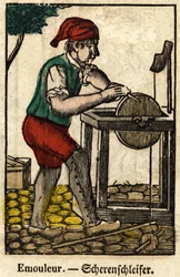 Schleifer (besteht im Schärfen von Objekten mit dem Schleifrad); Serie über Handwerke, Epinal-Bild 19. Jahrhundert