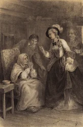 Kaiserin Maria Theresia von Österreich besucht eine arme, ans Haus gebundene Frau