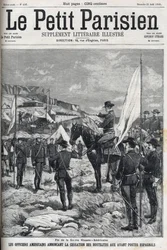 Ende des Spanisch-Amerikanischen Krieges 1898. Amerikanische Offiziere verkünden den Waffenstillstand an den spanischen Außenposten. Gravur in „Le petit Parisien“ von 1898