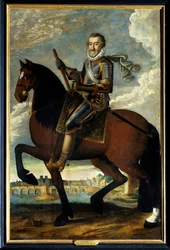 Reiterporträt von Heinrich IV. (1553-1610), König von Frankreich, vor der Pont Neuf in Paris. Anonymes Gemälde des 17. Jahrhunderts. Öl auf Leinwand. Pflichtangabe: Sully sur Loire, Schloss Sully