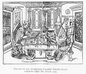 Erasmus und sein Sekretär Gilbert Cousin (Holzschnitt)