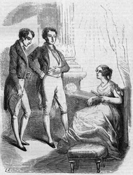 Eugène de Rastignac wird Madame de Nucingen vom Marquis von Adjuda vorgestellt. Gravur Mitte des 19. Jahrhunderts. Illustration für „Vater Goriot“ von Honoré de Balzac (1799-1850)