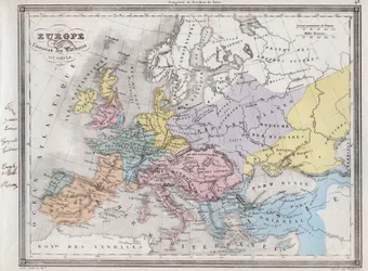 Europa nach der Invasion der Barbaren im 6. Jahrhundert - Tafel aus „Universal Atlas of Ancient and Modern Geography for the Use of Residential Schools“ von Vuillemin - ca. 1845