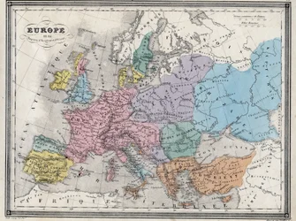 Europa im Jahr 814 - Reiche des Westens und des Ostens - Tafel aus dem „Universalatlas der alten und modernen Geographie für den Gebrauch von Internatsschulen“ von Vuillemin - ca. 1845