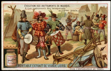 Entwicklung der Musikinstrumente: Die Instrumente der Landsknechte im 15. Jahrhundert. Militärtrommel, Flöte, Triangel, Trompete, eine Art Dudelsack und andere Saiteninstrumente. Späte 19. Jahrhundert Liebig Chromolithographie.